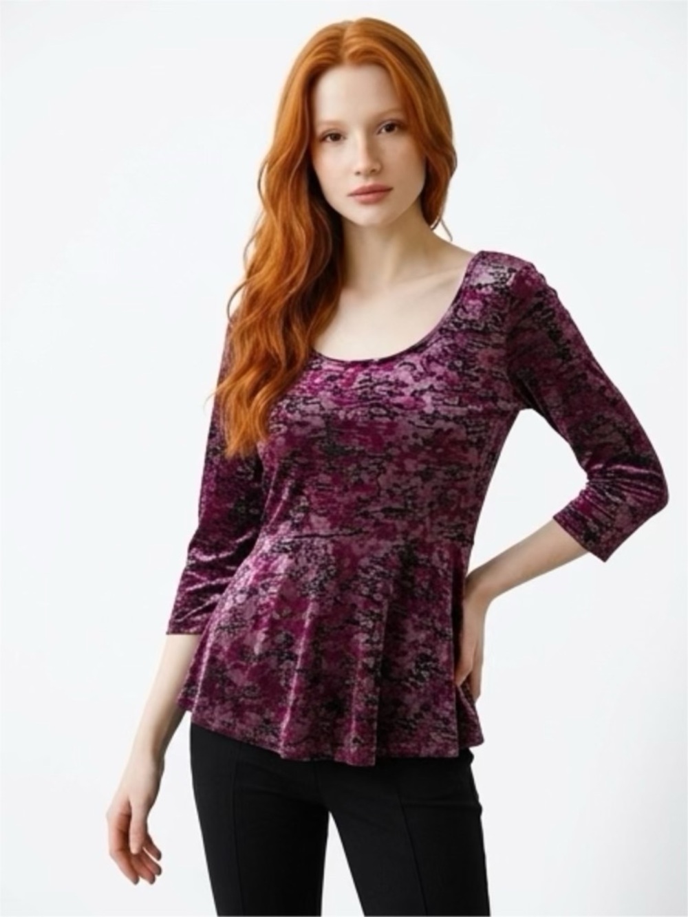 DECREE VELOUR PEPLUM BLOUSE, LARGE